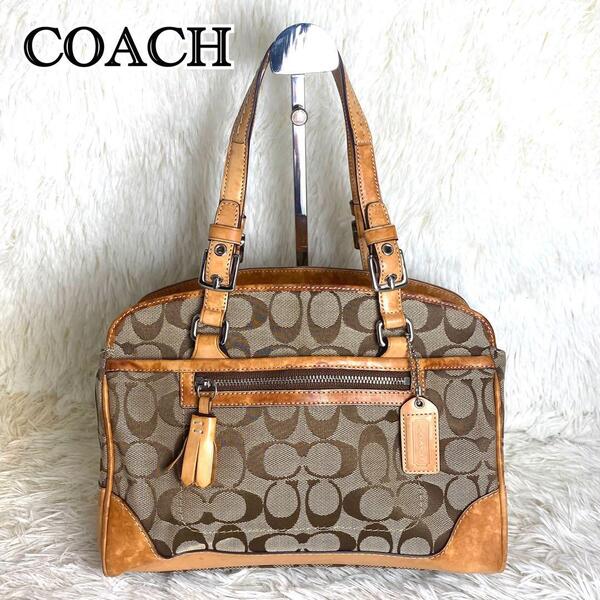 【極希少】COACH コーチ ハンドバッグ ショルダーバッグ トートバッグ シグネチャー ブラウン 茶 ベージュ キャンバス レザー チャーム付き