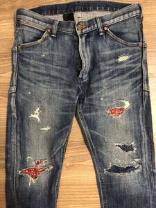 AKM x WRANGLER コラボ エイケイエム ラングラー リペア加工 テーパードスリムデニム パンツ ダメージ加工