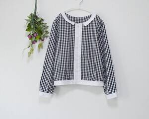 【S】上質コットン小衿付きチェック柄ダブル釦の長袖ブラウス♪