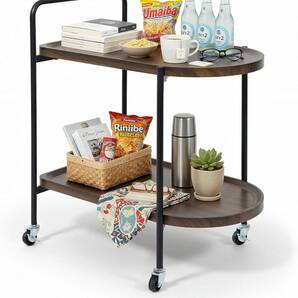 2階建ての鉄骨構造家庭用カート、静音自在輪移動、リビングキッチン移動置物棚、大容量設計と安定した構造64*40*65cm、レトロな胡桃木 0918