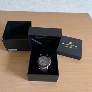 993-0109 Salvatore Marra 10TH ANNIVERSARY メンズ腕時計 革ベルト クオーツ クロノグラフ 黒 ブラック SM-9028SS 電池切れ 動作未確認