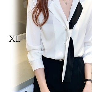 ★レディース長袖ブラウス シフォン レギュラーフィット スーツカラー&タイ付き XL
