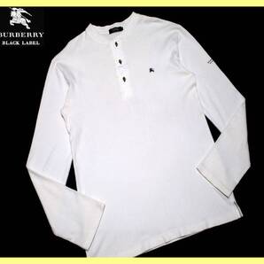 美品 M(2) バーバリーブラックレーベル BURBERRY BLACK LABEL ロングTシャツ ヘンリーネック ノバチェックボタン ホース刺繍 即決送料無料