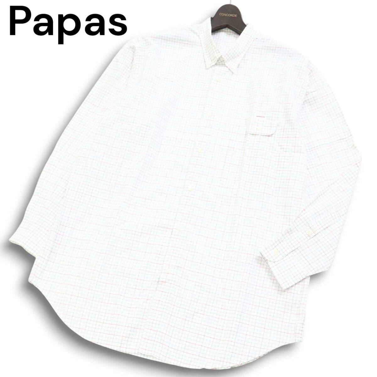 【美品】パパスプラス 刺繍 シャツ 白 長袖 Sサイズ パパスプラスPapas+ コットン刺繍デザイン長袖シャツ 白他M (K