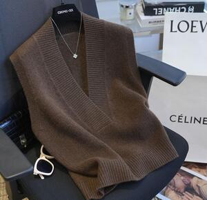 Бесплатная доставка в пакетах от 10 000 иен ■Жилет Топы Женщины Вязаный Жилет Стильный Простой Большой Размер Похудение Многослойный Свитер ■Кофе