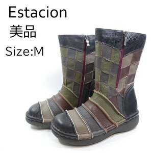 * Estacion телячья кожа лоскутное шитье дизайн средний длина ботинки черный мульти- M 23.5cm 4E широкий MSE116 Estacion прекрасный товар *T9