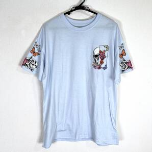 【WeekendWarrior】ウィークエンドウォリアー サックス 水色 系 スカル ドクロ 花柄 半袖 Tシャツ カットソー メンズ XLサイズ【a020】