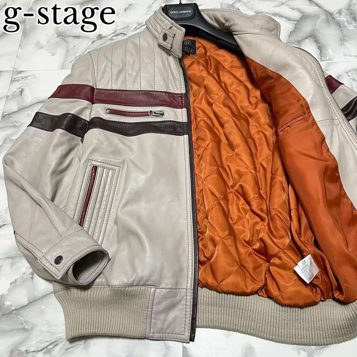 【美品】ジーステージ 羊革 テーラードジャケット ラムレザー アイボリー XL テーラードジャケット レザージャケット 革ジャン レディース 本