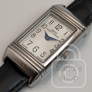 破格ご奉仕《期間特価5000円引き中!!》驚異のプロダクト化/まるで宝飾品【反転ケース搭載/新品】レクタングル ホワイトシルバー文字盤/黒革