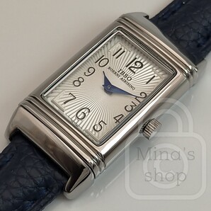 驚異のプロダクト化/まるで宝飾品のような美しさ【反転ケース搭載/新品】レクタングル ホワイトシルバー文字盤/ロイヤルブルー革 クォーツ