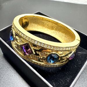 【未使用保管品】Christian Dior クリスチャンディオール バングル ブレスレット カラーストーン 超大ぶり ラインストーン ゴールド