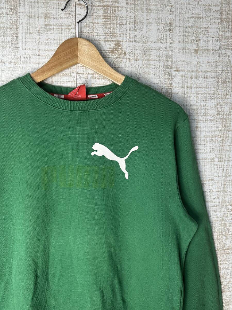 ☆US古着 PUMA プーマ スウェット ロゴ プリント 長袖 グリーン緑 裏起