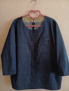 +デニムプルオーバー*七分袖+TCストレッチデニム*ネイビーブルー+袖口スリット+胸ちびポケット+ハンドメイド+フリーサイズ+by*see_ya+