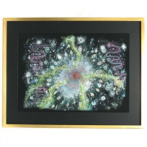真作 水華 suika 宇宙点描画 『神宇宙』アートフレーム 版画? 額装 / 額525×410mm / ポストカード付き / 点描画 イラスト アート 絵画