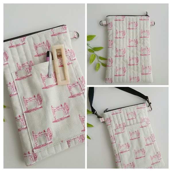 ハンドメイド 〈ヌビキルト風〉スマホポシェット用ポーチ　アンティークミシン〈13