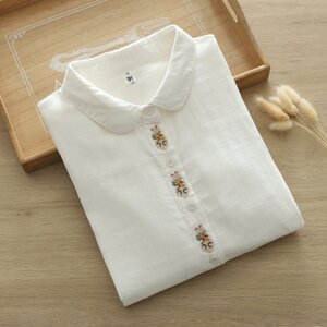 :.* L*:.レディーストップス 長袖シャツ 綿コットン 前襟可愛ウサギい刺しゆう ダブルガーゼ肌触りいい 通気性いい トップス ブラウス