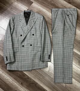 超美品 dunhill チェック セットアップ スーツ 52 グレー ダンヒル super130s ダブルテーラードジャケット スラックス 国内正規 イタリア製