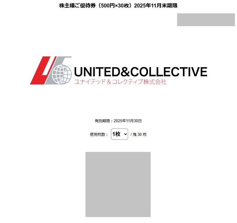 ユナイテッド＆コレクティブ　株主優待券　15000円分 ユナイテッド＆コレクティブ 株主優待券 15000円分