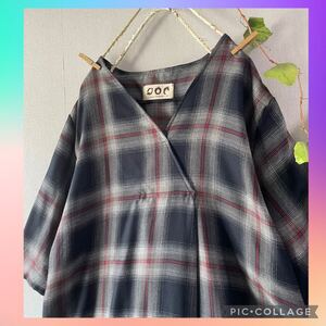handmade::チェック柄コットンワンピース:北欧英国ハンドメイド綿麻カシュクール長袖ナチュラルグレーネイビー紺ベーシックトップス七分袖