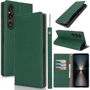 For Xperia 1 VI ケース手帳型 SO-5 ー ストラップ付 ヘッドフォンケーブル 耐衝撃 グリーン 1289