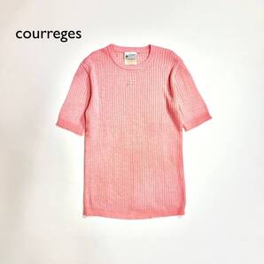 ci49 Courrges 70s フランス製品 半袖ピンクリブニット フロントロゴ刺繍 Made in France クレージュ