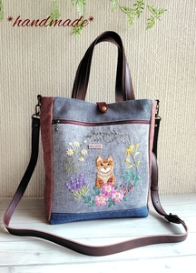 ハーブと猫の手刺繍** 2wayバッグ**ハーフリネン**倉敷帆布**本革留め具** ハンドメイド