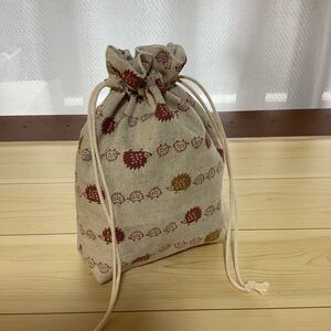 【難あり】ハンドメイド ハリネズミ柄巾着ポーチ 可愛い布製小物収納 トラベルにも