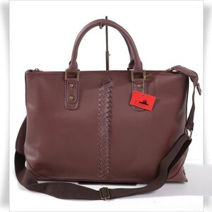 新品1円~★Firenze フィレンチェ メンズ 2WAY フェイクレザー 編み ビジネスバッグ ブリーフケース 大容量 B4 茶 底鋲 自立◆4952◆