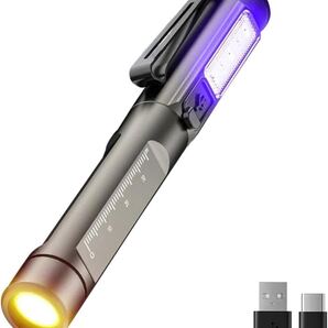 充電式ペン懐中電灯 ブラックライトとホワイトライト付き LEDミニポケット懐中電灯 クリップ付き 6つのモード メモリー機能付き