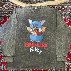 ファービー feat グレムリン グレー ロンT 長袖 メンズ R102 fubby Gremlins クリスマス SFブラック ウォッシュ加工