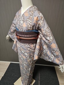 すずや■215【袷】正絹辻ヶ花文様染紬 裄丈68.5 着丈164cm 灰茶系