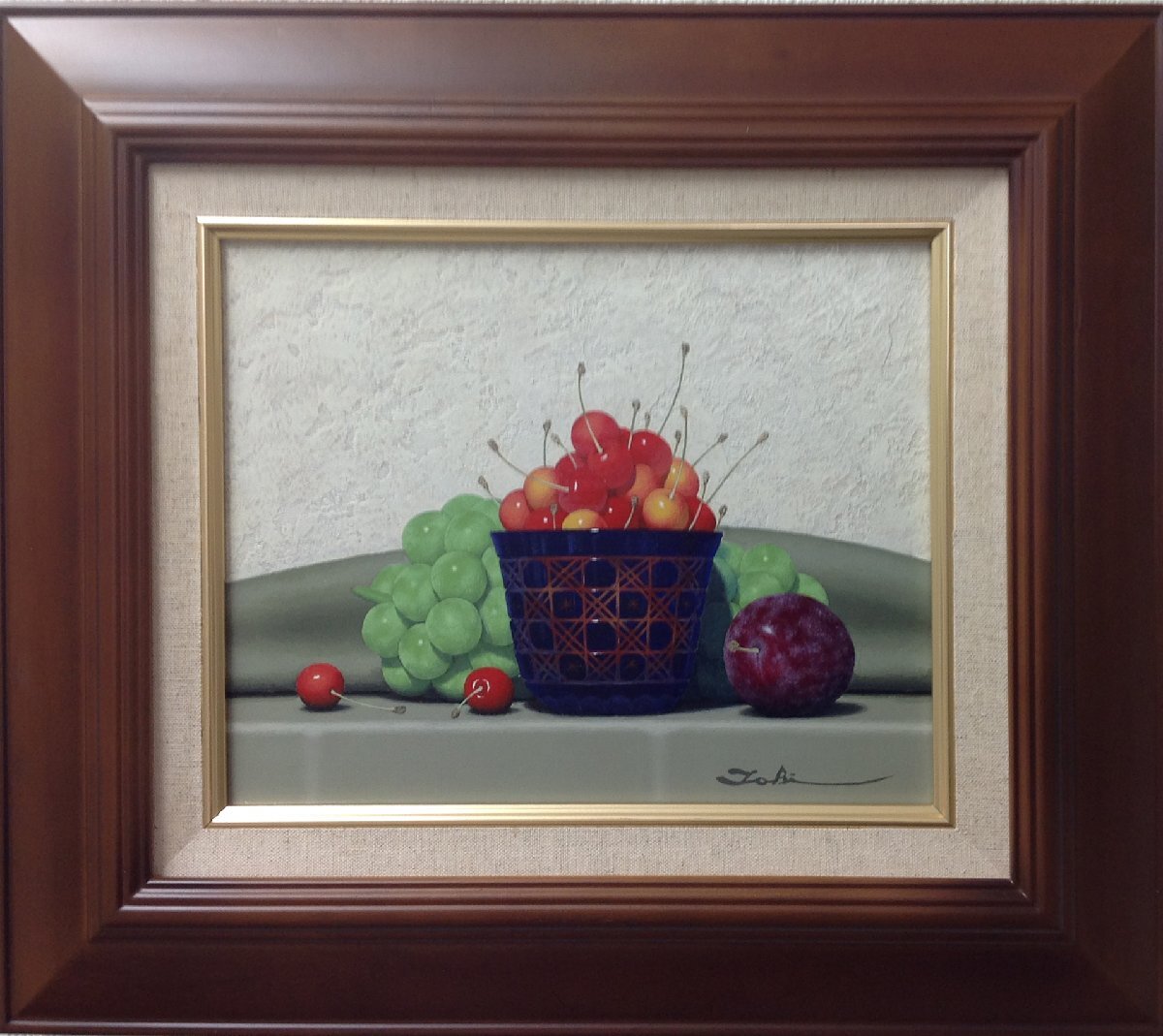庄司守　籠のブドウ　Ｆ４　絵画　油彩画　油絵　静物画　葡萄 庄司守]油彩画『ブドウとサクランボのある卓上』: JAL