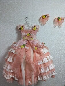 非売品!子供用 七五三 ドレス 100サイズ Ramo 3歳〜 オレンジ系 フリル 髪飾り 撮影 モデル CM 写真 貸衣装 中古 ど3