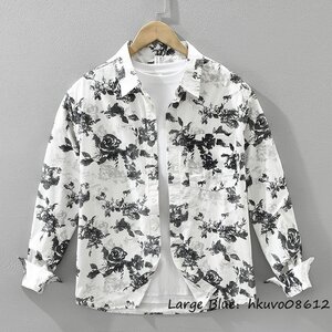 新品*メンズ 長袖シャツ プリント 花柄シャツ 総柄 超希少 おしゃれ ゆったり カジュアルシャツ シャツジャケット コットン ホワイト L