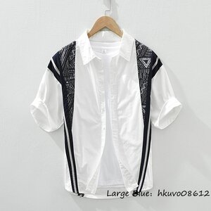 新品■半袖シャツ メンズ 配色 切替 メンズシャツ カジュアルシャツ 薄手 清涼感 サマー 夏 心地良し 柔らか お洒落 上品 ホワイト M