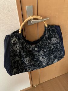 手作り 大きめトートバッグ バンブーハンドル ハンドメイド