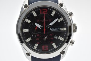 MEGIA クロノグラフ M 2063 ラウンド ブラック レッド デイト ラバー ネイビー ステンレス クォーツ QUARTZ メンズ 腕時計