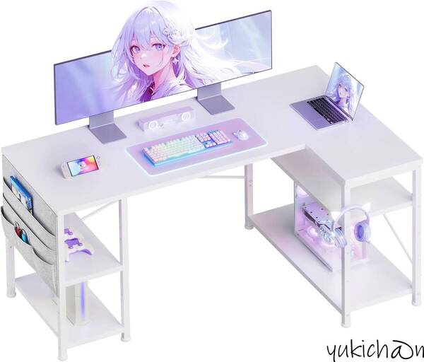 ゲーミングデスク l字デスク机 pcデスクホワイト 130cm パソコンデスク 左右入替可棚 板高さ調節可能 オフィスデスク ワークデスク