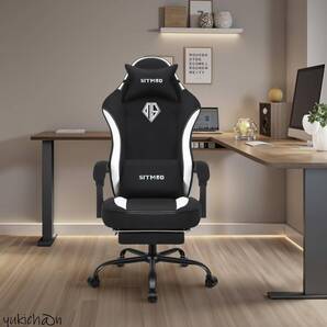 ゲーミングチェア フットレスト付きPCチェア 通気性ファブリック 360度回転椅子 レーシングスタイル、 人間工学 ホワイト/ブラック