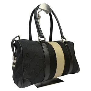 【良品】000 0351 GUCCI グッチ ミニボストン トート ハンド バッグ 肩掛け カバン GG柄 キャンバス レザー シェリーライン ブラック 黒