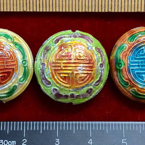 ¶!¶ 有線七宝焼ワールド - 3色(個)の円盤型玉で1単位 ¶!¶ 約厚9㎜×Φ23㎜ 金線3色釉緑褐色祥雲橙萬壽紋様 手作 手芸 工芸 インテリア