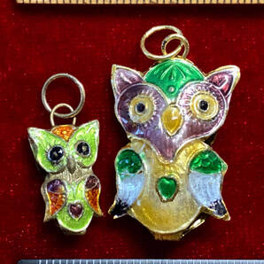 ¶!¶ 有線七宝焼ワールド - ペア(大小各1)のフクロウ不苦労で1単位 ¶!¶ 金線に緑と褐土色釉橙と緑水色2種羽 手作 手芸 工芸 インテリア