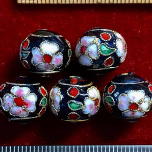 ¶!¶ 有線七宝焼ワールド - 5個提灯型楕円玉で1単位 ¶!¶ 約11㎜×13㎜玉 金線に黒釉ピンク花 手作り 手芸 工芸 インテリア 趣味