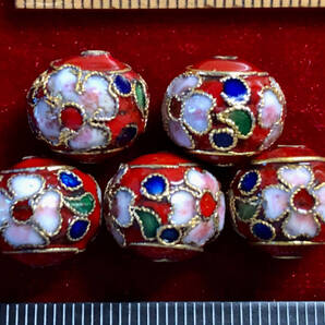 ¶!¶ 有線七宝焼ワールド - 5個提灯型楕円玉で1単位 ¶!¶ 約11㎜×13㎜玉 金線に赤釉ピンク花 手作り 手芸 工芸 インテリア 趣味