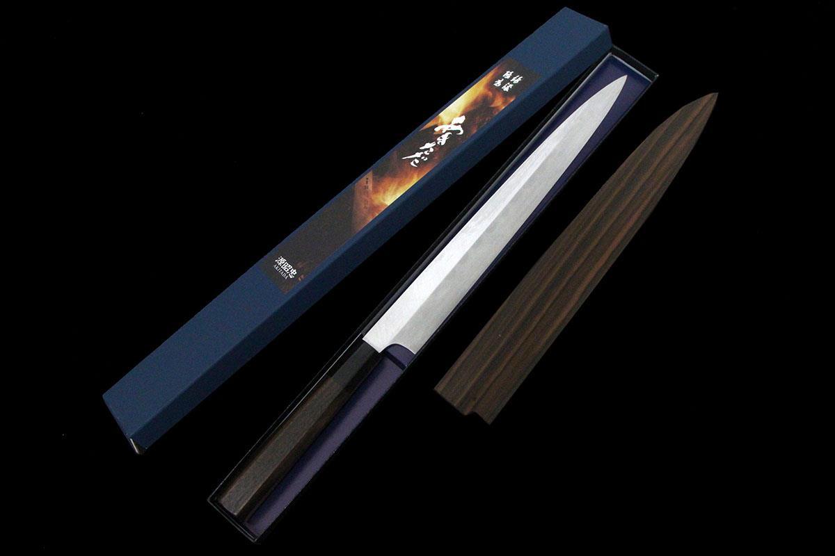 賜台覧　源昭忠　菊秀本焼き柳包丁 柳刃包丁 本焼 尺一 水野鍛錬所 源昭忠 銀二巻 黒檀柄 黒檀鞘