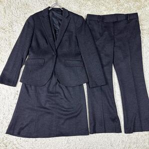 【美品XL相当】3点セット SUIT SELECT スーツセレクト ジャケット パンツ スカート ダークグレー ストライプ サイズ13