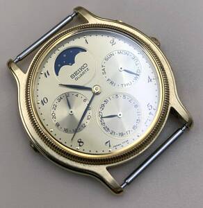★1853★ SEIKO メンズ時計 ムーンフェイズ 7F38-6180 フェイスのみ 現行不動 テスター○ リューズ操作○ 腕時計 822379 クオーツ ゴールド