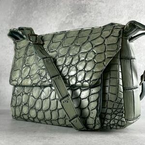 美品/希少カラー◎ JRA認定 GRES グレ マットクロコ メンズ ビジネス ショルダーバッグ クロコダイル 斜め掛け 肩掛け クロスボディ 目地染