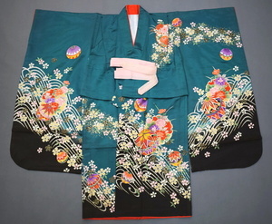 A06-10【凛々】即決 中古品 ポリエステル 七五三 七才用 女児 着物 緑 毬