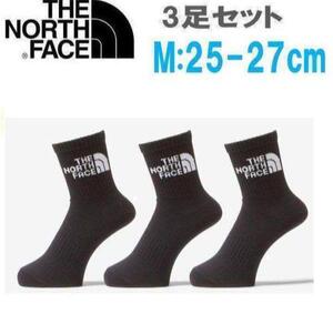 THE NORTH FACE ザノースフェイス TNFジャカードロゴ3Pソックス ブラック 25-27cm NN82411 靴下 3足組 アウトドア